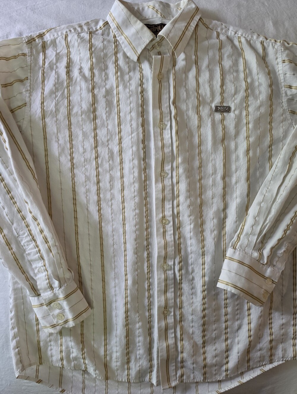 VTG Y2K Southpole Striped Button Up Shirt White Gold Metal Logo Men's XL Hip Hop